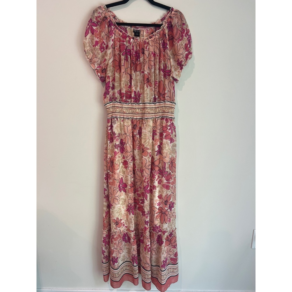 Kate and Lily Pink Floral Smocked Waist Maxi Dress Womens 14 Boho Short Sleeve